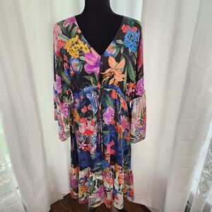 NEW Johnny Was Neon Jungle Mix Tier Dress Women M Silk Blend Tropical Boho Beach